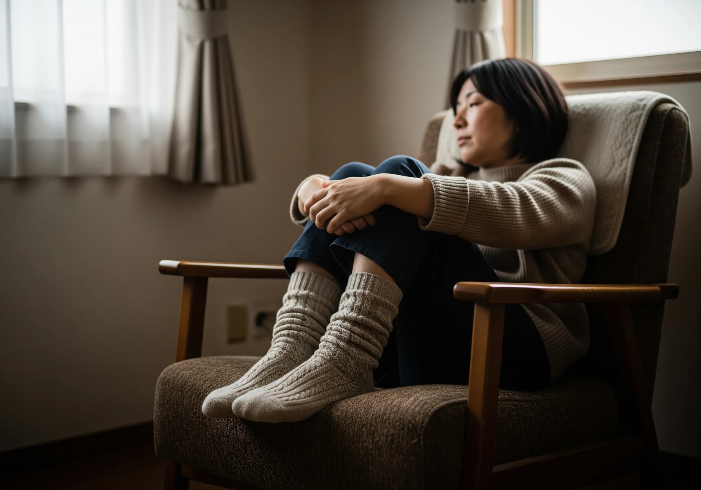 自宅でくつろぎながら靴下を履いている女性